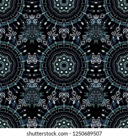 Seamless vector background. Winter Holiday Knitted Pattern with beige, blue and violet Circles, Dots and Snowflakes On a Black Background.