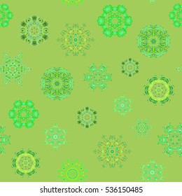 Seamless vector background. Winter Holiday Knitted Pattern with Circles, Dots and Snowflakes On a green Background.