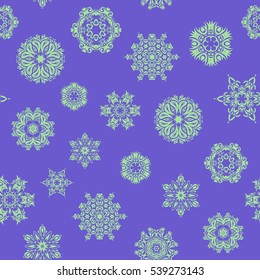 Seamless vector background. Winter Holiday Knitted Pattern with Circles, Dots and Snowflakes On a violet Background.