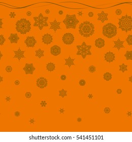 Seamless vector background. Winter Holiday Knitted Pattern with Circles, Dots and Snowflakes On a orange Background.