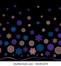 Seamless vector background. Winter Holiday Knitted Pattern with blue, violet and pink Circles, Dots and Snowflakes On a Black Background.