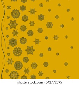 Seamless vector background. Winter Holiday Knitted Pattern with Circles, Dots and Snowflakes On a yellow Background.