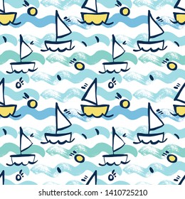 Seamless vector background with yachts, seagulls, fishes and the sea.
