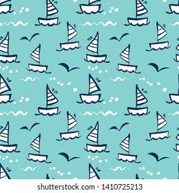Seamless vector background with yachts, seagulls, fishes and the sea.
