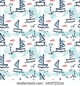 Seamless vector background with yachts, seagulls, fishes and the sea.
