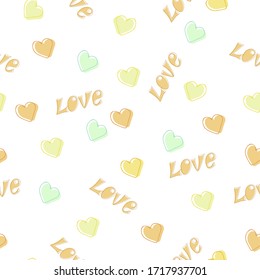 Seamless vector background. Yellow hearts with the words Love on a white background. Pattern.