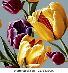 Seamless vector background with yellow and purple tulips.