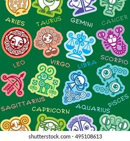 Seamless Vector Background of Zodiac Signs. Zodiac Symbols in Cartoon Style. Colored Seamless Pattern on Green Background.