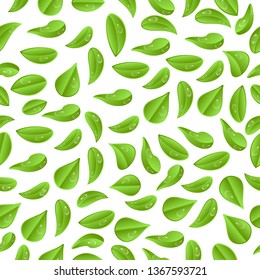 Seamless vector background.Leaves with water droplets on a white background.print for clothes, wallpaper