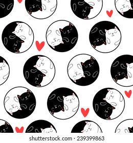 Seamless vector backgrounds with hearts, yin and yang, white and black cats for Valentine's day.  Great choice for wrapping paper pattern.