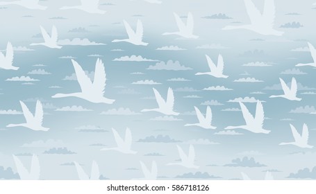 Seamless vector backgtound with clouds and swan. Cartoon style.