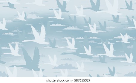 Seamless vector backgtound with clouds and swan. Cartoon style