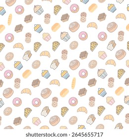 Seamless vector bakery pattern. Flat style donut, cupcake, brownie, croissant, cheesecake, cookie, bread, swirl bun