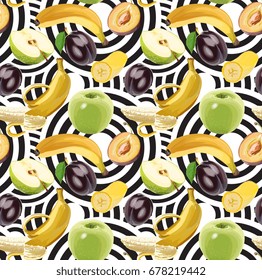 Seamless Vector Banana, Green Apple And Plum Pattern