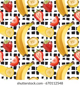 Seamless Vector Banana And Strawberries Pattern