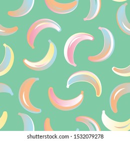 Seamless Vector Bananas Pattern of colored pastel bananas randomly distributed on green background. Pop art, modern, cartoon style. Bananas Pattern for wrapping paper, textile, backdrop, web, decor