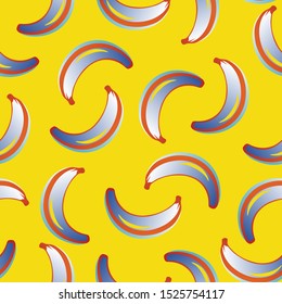Seamless Vector Bananas Pattern of grey bananas randomly distributed on a yellow background. Pop art, modern, cartoon style. Bananas Pattern for wrapping paper, textile, tile, backdrop, web, decor