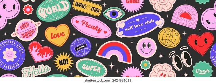 Seamless vector banner with abstract y2k shapes and badges. Geometric templates, smiling faces, flowers, hearts, patches. Groovy and psychedelic stickers on background. Fun pattern