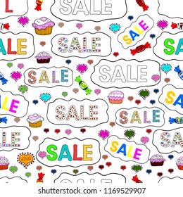 Seamless. Vector. Banner, badge, tag, icon. Hand drawn Sale lettering sign. White, black and blue letters: SALE, Hand sketched Sale lettering typography.