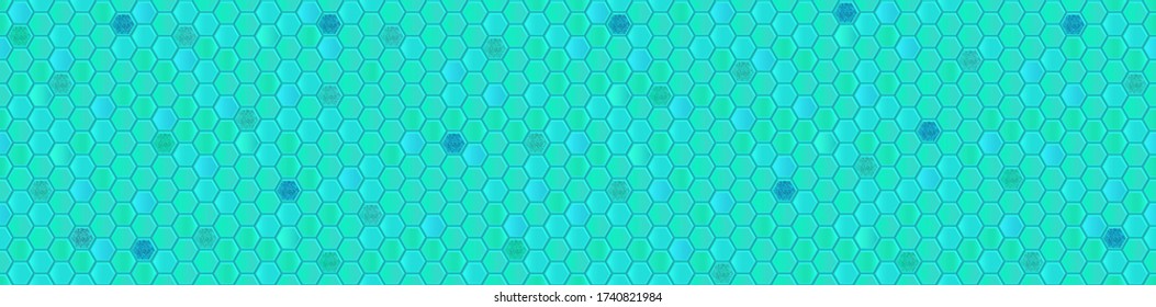 Seamless vector banner of blue honeycomb mosaic. Blue hexagon tiles background. Print for wrapping, backgrounds, fabric, packaging, scrapbooking. Other mosaic patterns in mosaic collections. 