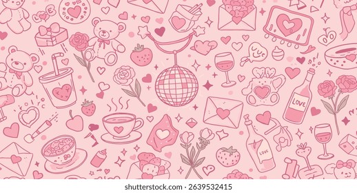 Seamless vector banner with coquette girly elements in pink and red color. Vintage mirror, cake, bear, telephone, bows in hand drawn style on background. Pattern with cute romantic