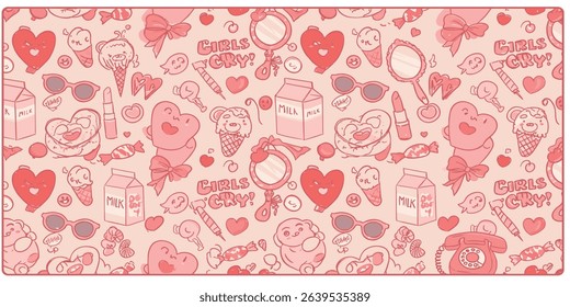 Seamless vector banner with coquette girly elements in pink and red color. Vintage mirror, cake, bear, telephone, bows in hand drawn style on background. Pattern with cute romantic accessories
