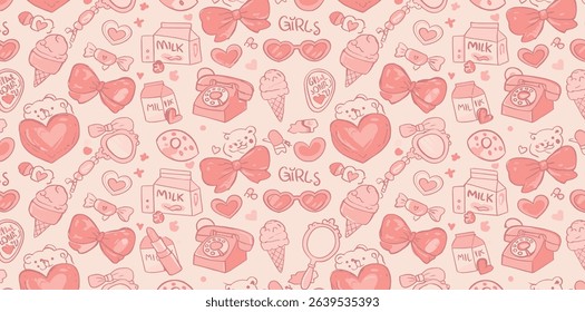 Seamless vector banner with coquette girly elements in pink and red color. Vintage mirror, cake, bear, telephone, bows in hand drawn style on background. Pattern with cute romantic accessories