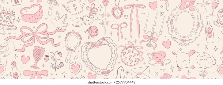 Seamless vector banner with coquette vintage bows, ribbons, candles, cake, cup, teapot. Whimsical line art pattern for wedding invitation, valentine day design. Hand drawn romantic background