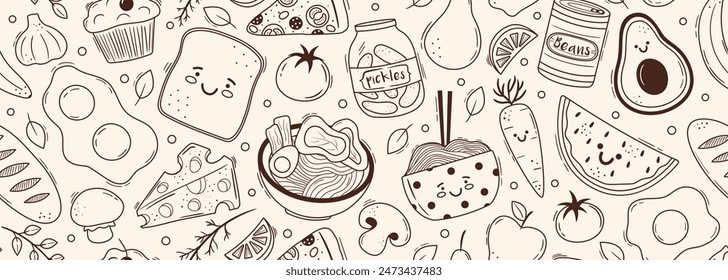 Seamless vector banner with cute asian food characters. Bread, eggs, avocado, ramen, beans, pizza line drawings on wide background. Funny pattern with doodle snacks, desserts, lunch and dinner