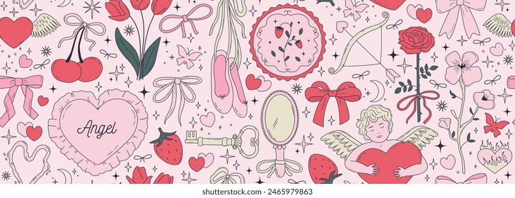 Seamless vector banner with cute coquette bows, ribbons, flowers, cherry, hearts. Elegant vintage background in pastel pink color. Hand drawn line art girly pattern for wallpaper, wrapping paper