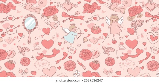 Seamless vector banner with cute coquette bows, ribbons, flowers, cherry, hearts. Elegant vintage background in pastel pink color. 