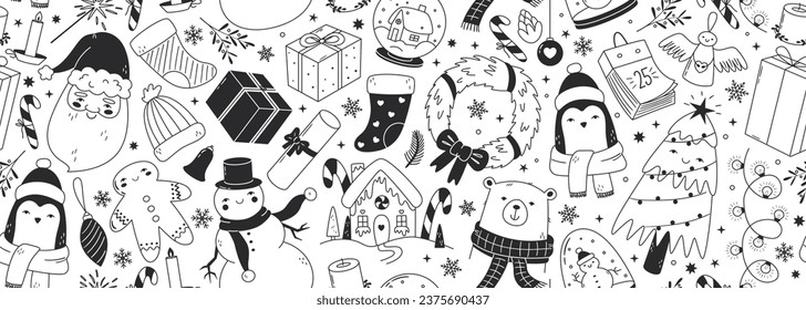 Seamless vector banner with cute and funny christmas doodles. Tree, animals, gifts, decorations, santa, snowman outline drawings. Winter season characters and elements on background. Line pattern