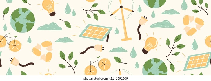 Seamless vector banner with ecology elements. Wind turbine, solar panel, light bulb, bycicle, recycle sign. Zero waste objects pattern. Environmental protection and technology development background