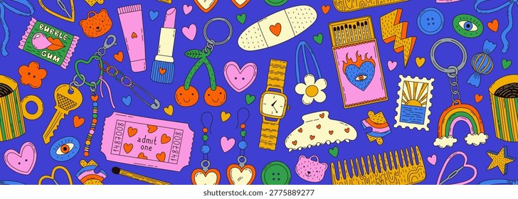 Seamless vector banner with funky hand-drawn y2k accessories and trinkets. Colourful pattern with teenage girl little things. Keychains, hairpins, lipstick, ticket and bijouterie on wide background