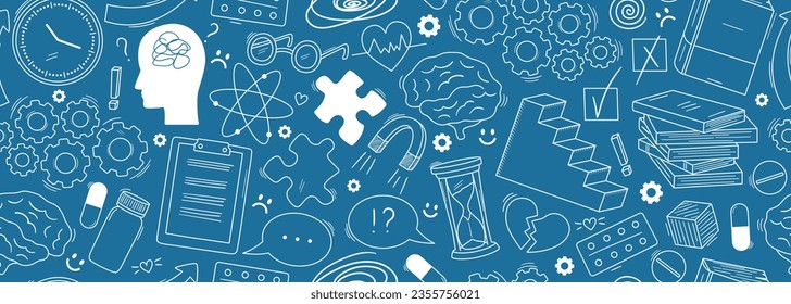 Banner vectorial sin inconvenientes con garabatos de psicología dibujados a mano. Patrón de salud mental, psicoterapia, depresión y tratamiento de ansiedad. Fondo con cabeza humana abstracta, cerebro, libros iconos de contorno