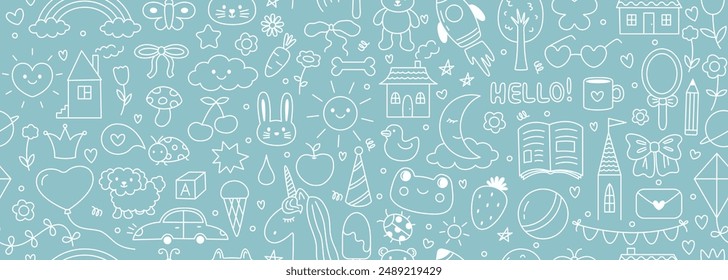Seamless vector banner with hand drawn doodle illustrations in kids style. Cute child scribble on wide background. Pattern with simple line drawings of animals, rocket, car, planet, house, flowers