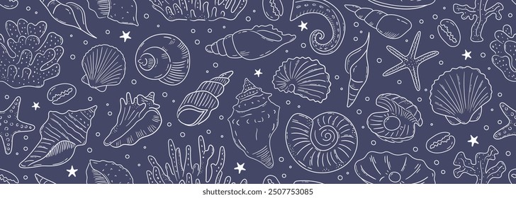 Seamless vector banner with hand drawn sea shells, conch, tentacle, starfish, corals. Outline marine drawings on wide background. Pattern with sketch silhouettes of seashore elements