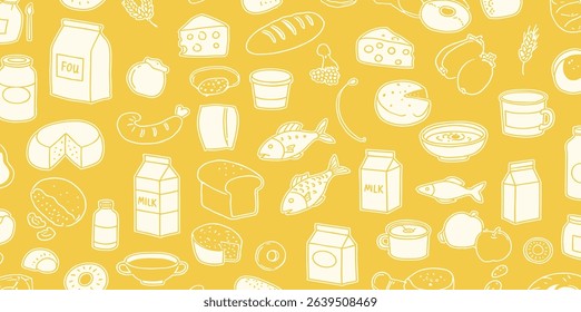 Seamless vector banner with hand drawn supermarket products illustrations. Background with doodle food sketches. Concept for grocery delivery and shopping