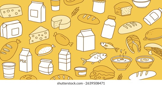 Seamless vector banner with hand drawn supermarket products illustrations. Background with doodle food sketches. Concept for grocery delivery and shopping