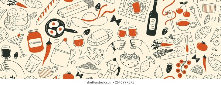 Banner de vetor sem costura com ilustrações feitas à mão de rabiscos de comida e bebidas italianas. Desenhos de jantares de arte em fundo largo. Padrão La dolce vita