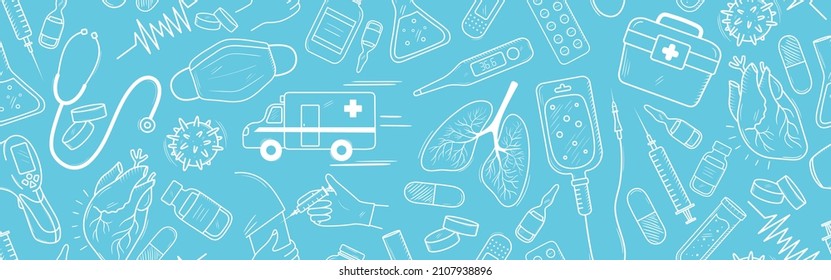 Seamless Vector Banner With Medical Doodle Elements. Pattern With Vaccination, Virus And Flu Treatment, Pills, Bottles, Ambulance Illustrations. Background With Sketches Of Various Hospital Symbols