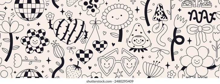 Seamless vector banner with naive retro doodles in black color. Cute pattern with line flowers, hearts, strawberry, smiling faces. Abstract groovy and 70s disco party outline drawings on background