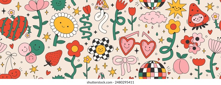 Seamless vector banner with naive retro doodles. Cute flowers, hearts, strawberry, cherry, smiling faces and other shapes on wide background. Abstract groovy pattern. 70s disco party aesthetic