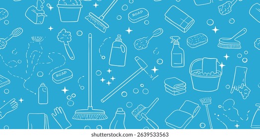 Seamless vector banner with outline cleaning icons. Background with hand drawn house work elements. Laundry sketch pattern.