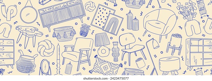 Seamless vector banner with outline drawings of trendy furniture and decor. Mid century and scandinavian interior design background. Line art home objects pattern.