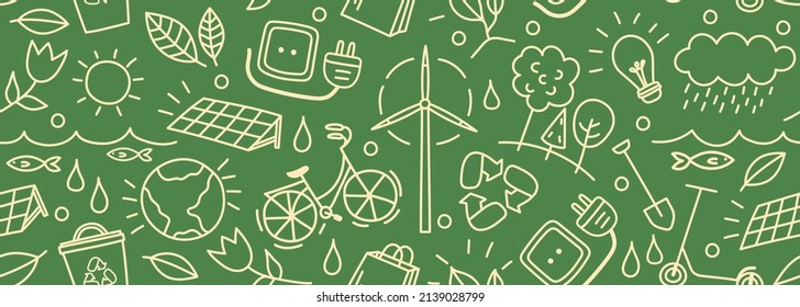 Seamless vector banner with outline eco icons. Background with hand drawn zero waste and recycle elements. Ecological sketch pattern. Save planet doodle silhouettes