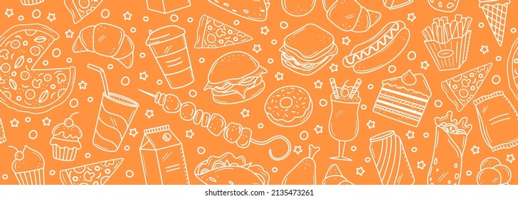 Seamless vector banner with outline fast food icons. Background with hand drawn drawings pizza, burger, hot dog, ice cream, soda, coffee. Sketch food pattern. Doodle silhouettes of takeaway elements