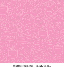 Seamless vector banner with outline fast food icons. Background with hand drawn drawings pizza, burger, hot dog, ice cream, soda, coffee. Sketch food pattern. Doodle silhouettes of takeaway elements
