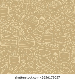Anuncio de Vector sin fisuras con iconos de comida rápida. Fondo con dibujos dibujados a mano pizza, hamburguesa, perro caliente, helado, refresco, café. Dibuja el patrón de comida. Doodle siluetas de Elementos para llevar
