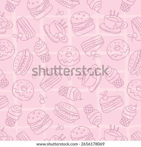 Seamless vector banner with outline fast food icons. Background with hand drawn drawings pizza, burger, hot dog, ice cream, soda, coffee. Sketch food pattern. Doodle silhouettes of takeaway elements
